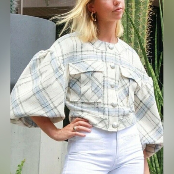 VERONICA BEARD Nikolai Tweed Cropped Jacket Blue & Ivory Plaid
